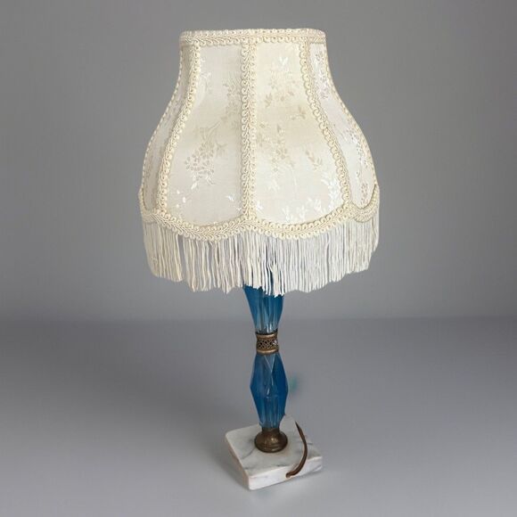 Vintage Brass Marble Base Blue Glass Faceted Table Lamp Victorian Cream Shade - Picture 1 of 12
